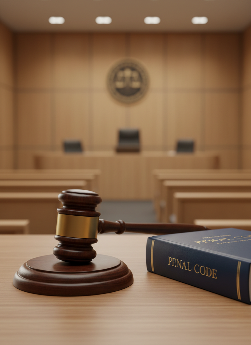 Un primer plano fotográfico de un mazo de juez de madera oscura finamente vetada, apoyado junto a un grueso código penal de tapas azules sobre una superficie de madera satinada. Tras ellos, desenfocada, se distingue una sala de audiencias moderna sin personas, con bancas de madera clara y un escudo judicial difuso al fondo. La iluminación cálida lateral crea un contraste suave entre luces y sombras, resaltando la textura del mazo y el relieve dorado del título en el lomo del libro. Composición en regla de los tercios, con profundidad de campo reducida, estilo hiperrealista, sobrio y dramático, transmitiendo seriedad, rigor jurídico y el peso de las decisiones en materia penal.