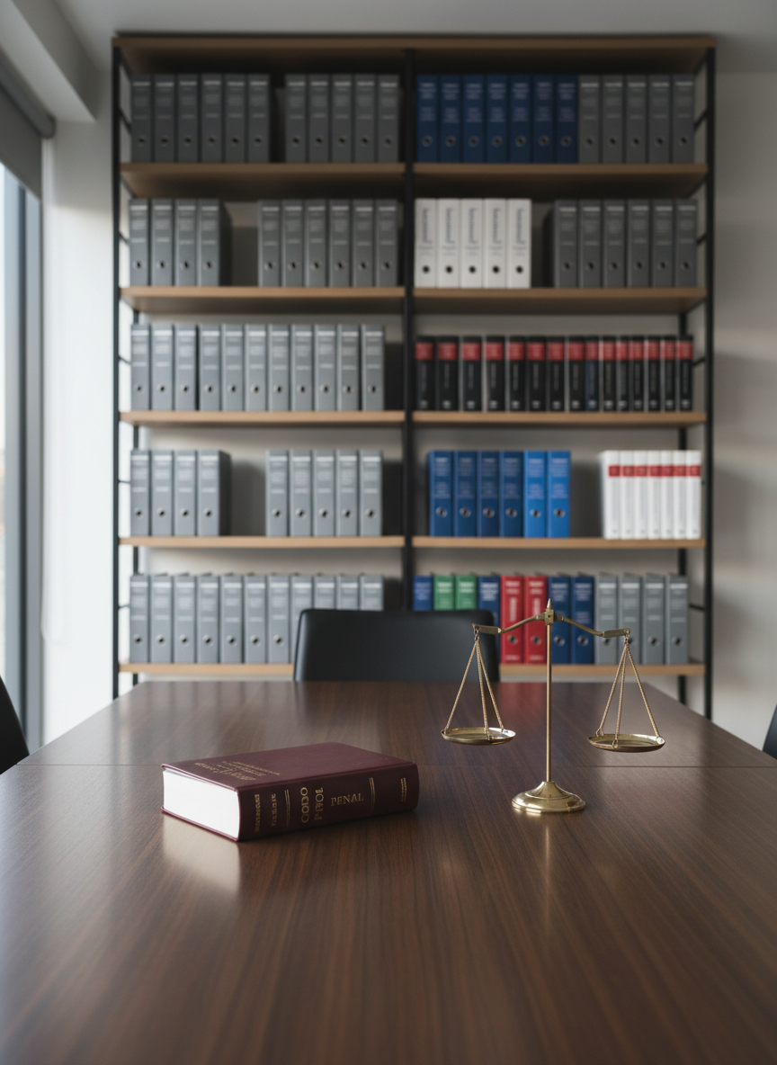 Un despacho jurídico contemporáneo sin presencia humana, con una mesa de madera oscura perfectamente ordenada donde descansan un código penal encuadernado en cuero borgoña y una balanza metálica pulida de diseño clásico. Detrás, una pared de estanterías minimalistas con carpetas grises y libros de derecho penal en lomos sobrios, ligeramente desenfocados. La escena está iluminada por luz natural suave de tarde entrando por un ventanal lateral, creando reflejos delicados en el metal y sombras definidas pero discretas sobre la mesa. Fotografía a nivel de mesa, con profundidad de campo media que mantiene nítido el plano principal. Estilo fotográfico realista, limpio y moderno, transmitiendo profesionalismo, claridad estratégica y confianza.