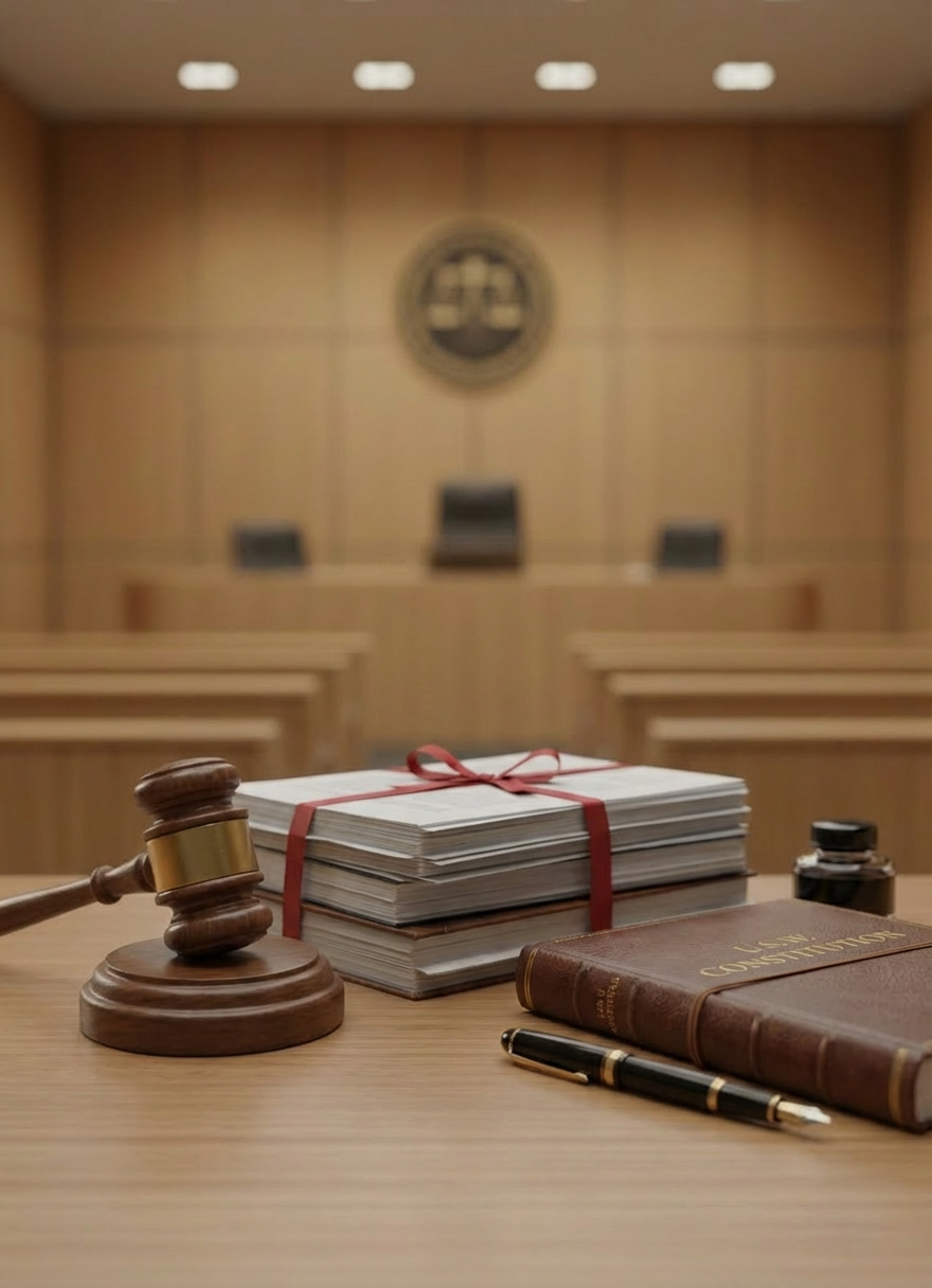derecho penal Un primer plano fotográfico de un mazo de juez de madera oscura finamente vetada, apoyado junto a un grueso código penal de tapas azules sobre una superficie de madera satinada. Tras ellos, desenfocada, se distingue una sala de audiencias moderna sin personas, con bancas de madera clara y un escudo judicial difuso al fondo. La iluminación cálida lateral crea un contraste suave entre luces y sombras, resaltando la textura del mazo y el relieve dorado del título en el lomo del libro. Composición en regla de los tercios, con profundidad de campo reducida, estilo hiperrealista, sobrio y dramático, transmitiendo seriedad, rigor jurídico y el peso de las decisiones en materia penal.